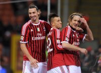 FUSSBALL SERIE A:  JUBEL mit Zlatan Ibrahimovic, Stephan El Shaarawy, Massimo Ambrosini (v.li., AC Mailand)