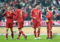 Fussball 1. Bundesliga, Saison 2012/2013:  Thomas Mueller, Dante, Mario Gomez und Franck Ribery (v. li. FC Bayern Muenchen)