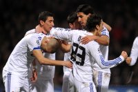 Fussball CHL  Saison 2010/2011: (v. li.) Real JUBEL mit Karim Benzema (Real Madrid) Angel Di Maria, Xabi Alonso , Sami Khedira , Mesut Oezil