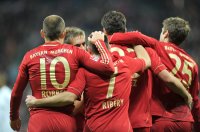 Fussball 1. Bundesliga, Saison 2011/2012: Arjen Robben, Franck Ribery , Thomas Mueller (v. li., FC Bayern Muenchen)