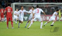 Fussball U21-EURO 2011 FINALE:  Enttaeuschung nach der Niederlage Admir Mehmedi (li, Schweiz) JUBEL bei Thiago Alcantara , Javi Martinez, Alvaro Dominguez (v. li., Spanien)
