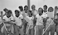 Fussball Mueller, Hoeness, Beckenbauer, Maier bei Plattenaufnahmen.
