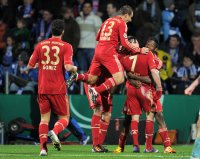 Fussball DFB Pokal 11/12 : Mario Gomez, Rafinha, Franck Ribery, David Alaba (v. li., FC Bayern Muenchen)