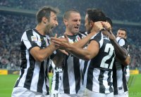 FUSSBALL SERIE A:  Jubel mit Vucinic Mirko, Leonardo Bonucci und Quagliarella Fabio (v. li., Juventus Turin)