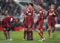 Fussball DFB Pokal, Saison 2011/2012, Viertelfinale: Vedad Ibisevic , Serdar Tasci , Martin Harnik (v.li., VfB Stuttgart)