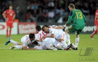 Fussball U21-EURO 2011 FINALE:  JUBEL nach dem SIEG mit Alberto Botia , Jeffren, Torwart David de Gea (v. li., Spanien)