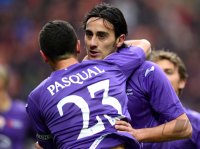 FUSSBALL SERIE A:  Jubel um Aquilani Alberto mit  Pasqual Manuel (v. re., Fiorentina)