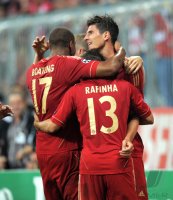 Fussball CHL  Saison 2011/2012:  JUBEL nach dem Tor, Jerome Boateng, Rafinha , Mario Gomez (v.li., FC Bayern Muenchen)