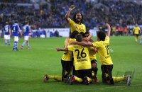 Fussball 1. Bundesliga : JUBEL nach dem Tor zum 0:3 um Robert Lewandowski mit Patrick Owomoyela, Lukasz Piszczek, Mats Julian Hummels (v. li., Borussia Dortmund)