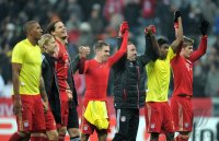 Fussball CHL  Saison 2011/2012:  Jerome Boateng, Anatoliy Tymoshchuk , Anatoli Timoschtschuk, Daniel van Buyten , Philipp Lahm, Franck Ribery, David Alaba, Toni Kroos (v. li., FC Bayern Muenchen)