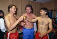 Fussball Wohlfarth, Heynckes, Thon (alle FC Bayern)